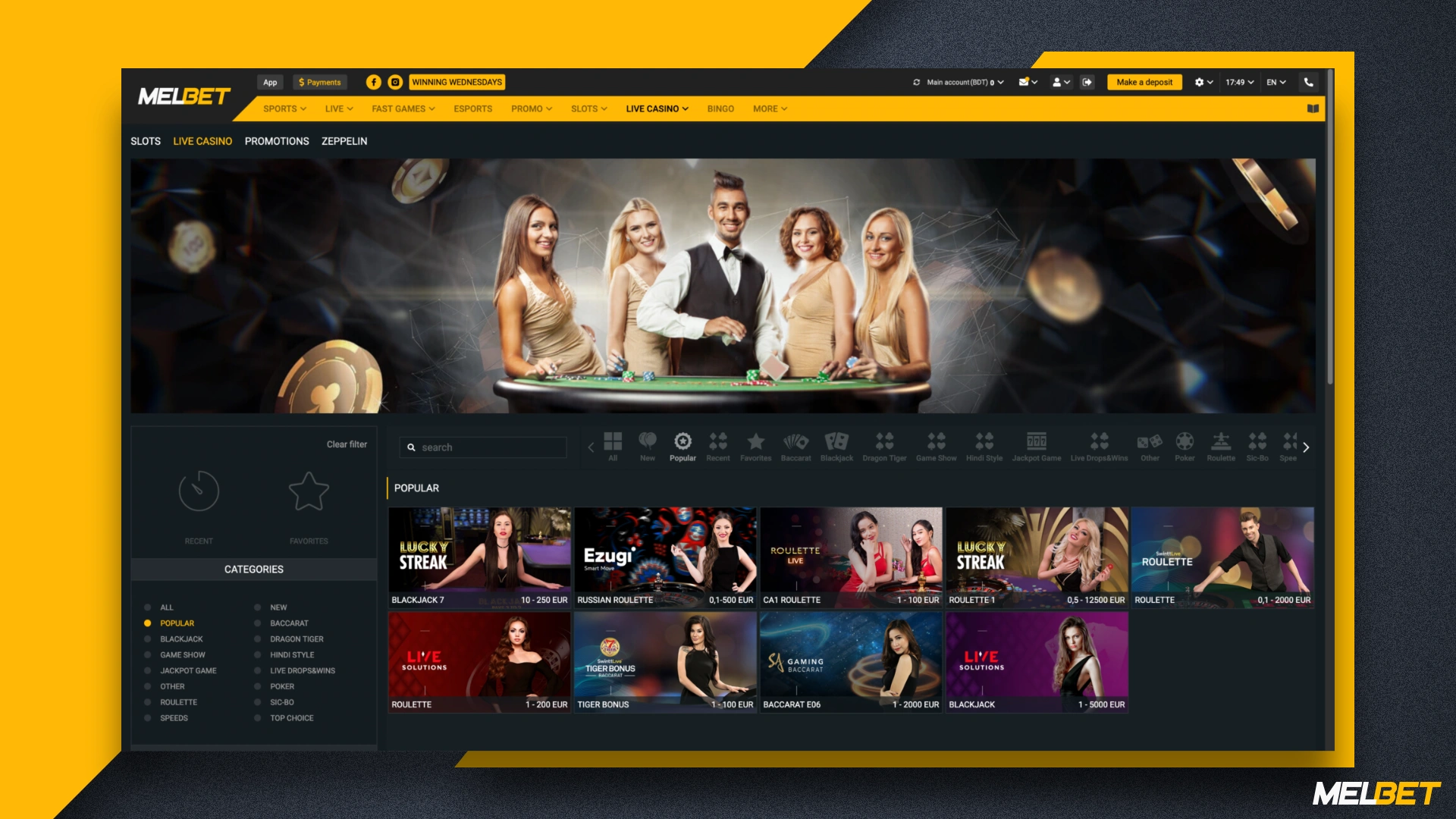 List of the most popular casino games in Melbet