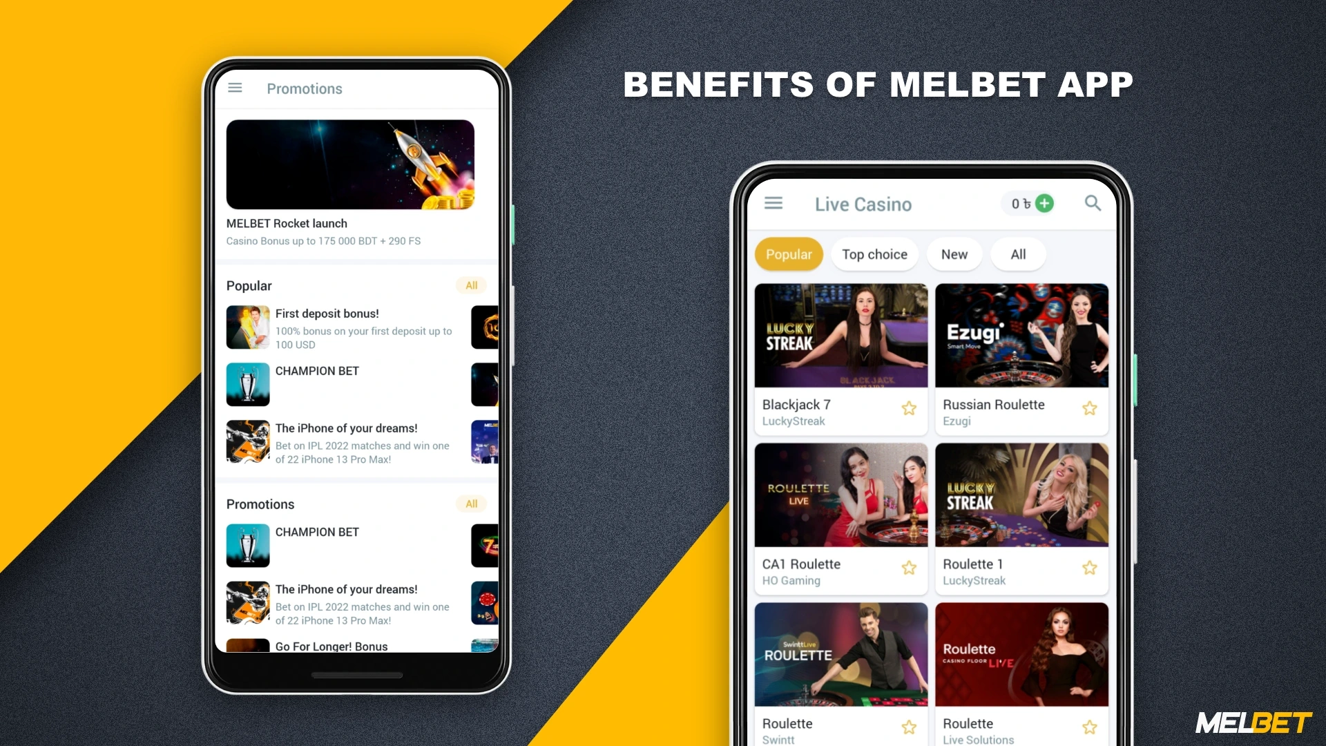 The main benefits of the Melbet app include the ability to play casino and sports betting, bonuses, in-app deposit and much more