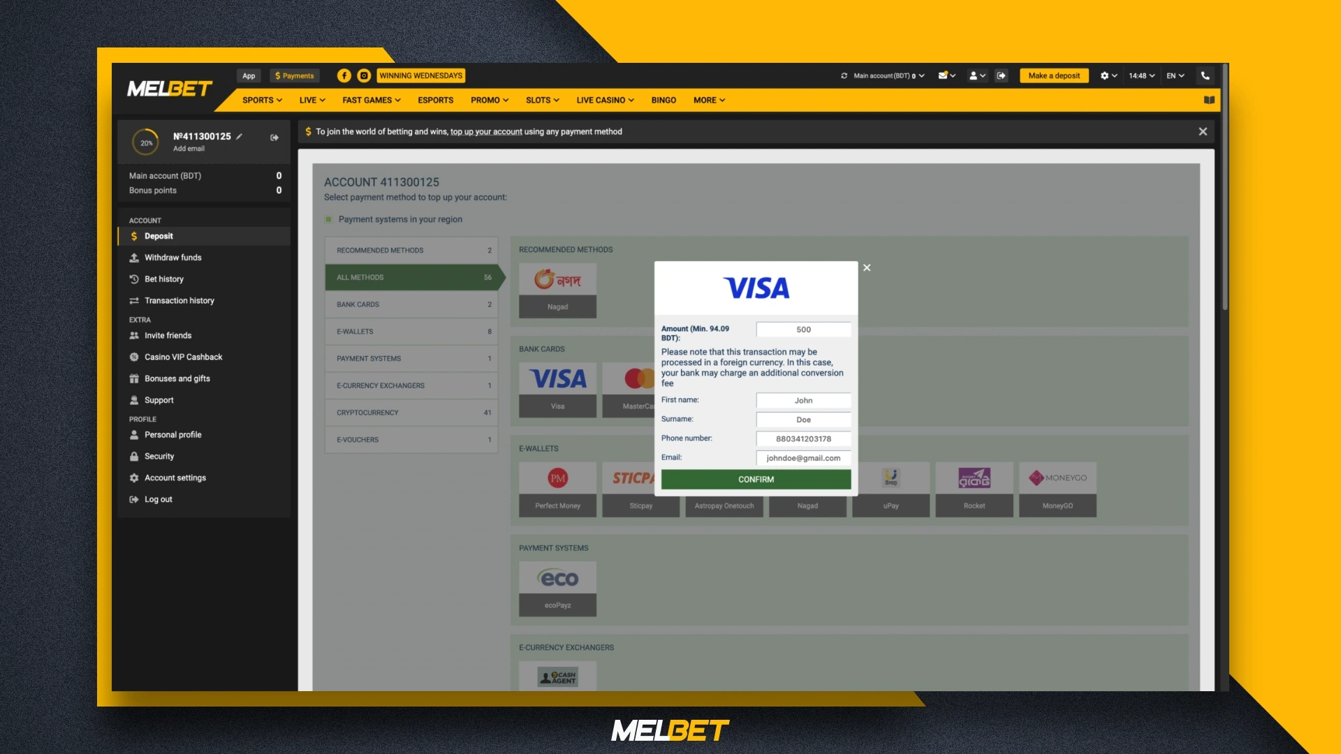 Deposit form on Melbet Bangladesh website